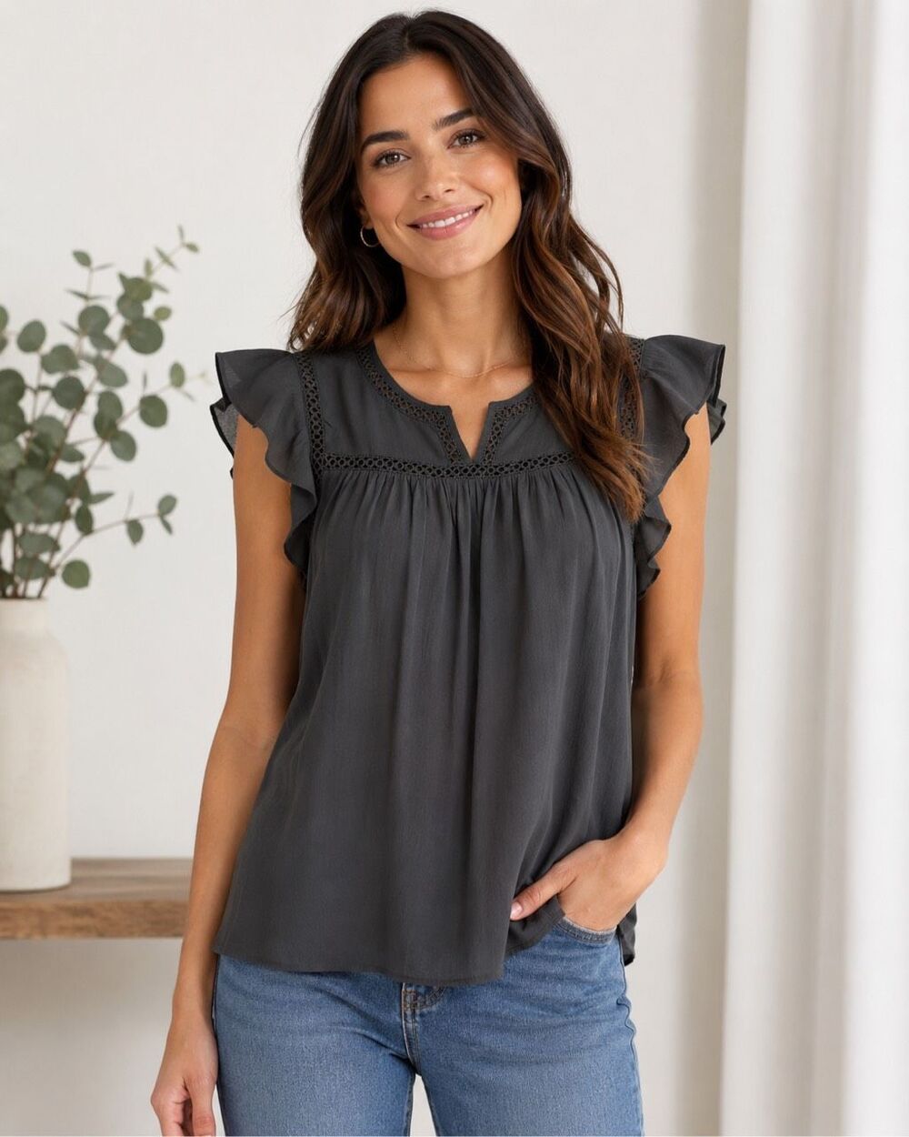 LOFT Small Charcoal Gray Ruffle Sleeve Lace Trim Blouse Business Office NEW